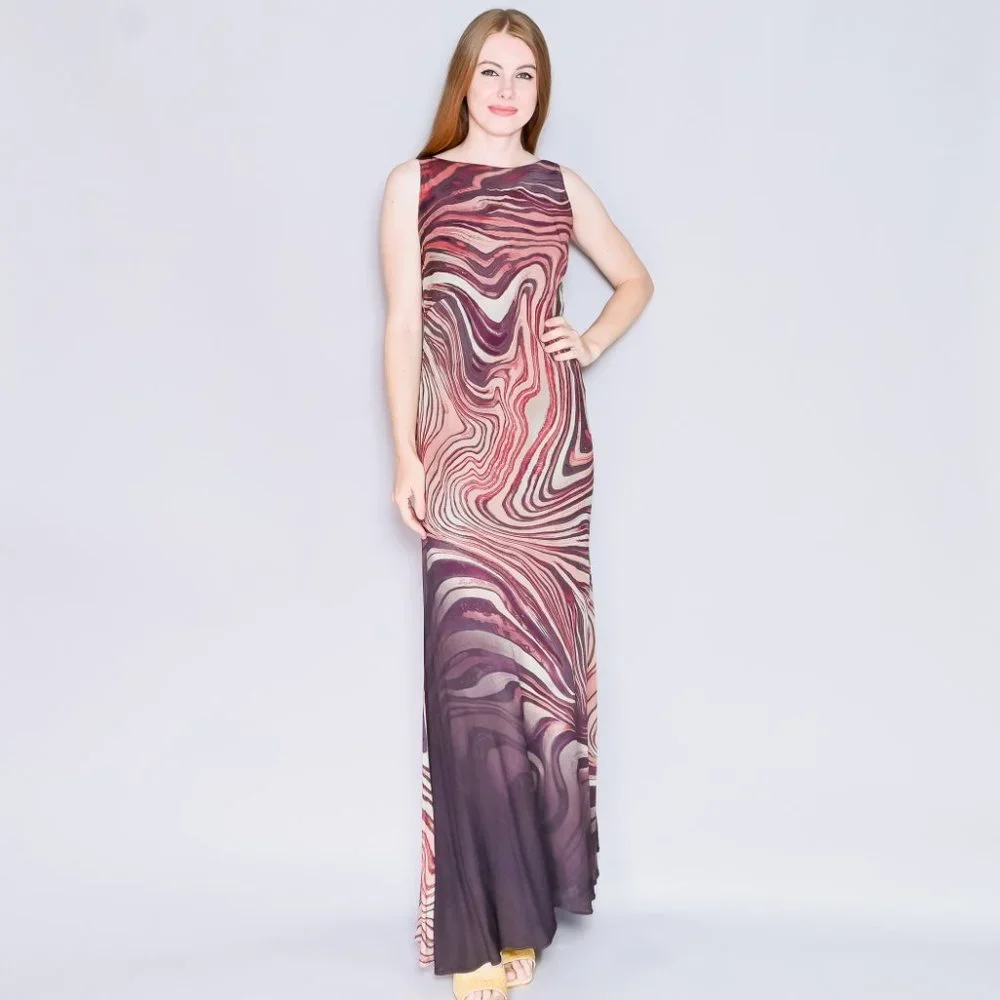 VINTAGE Unique 90s Swirly Stripes Geode Sleeveless Maxi Dress - Picture 8 of 8